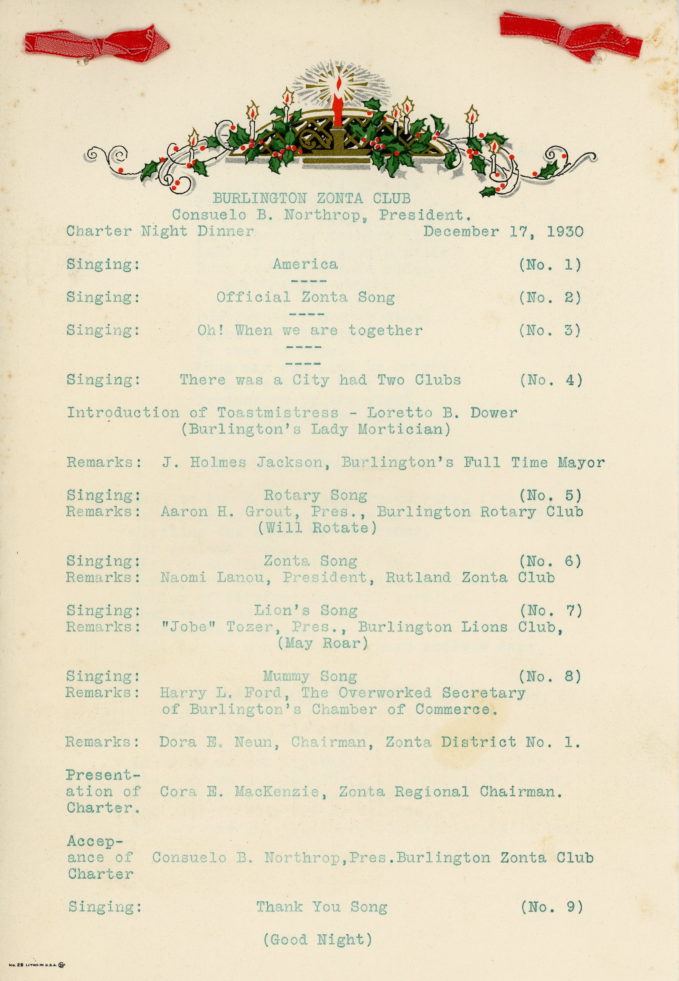 Burlington Zonta Club Charter Night Dinner, 1930 December 17