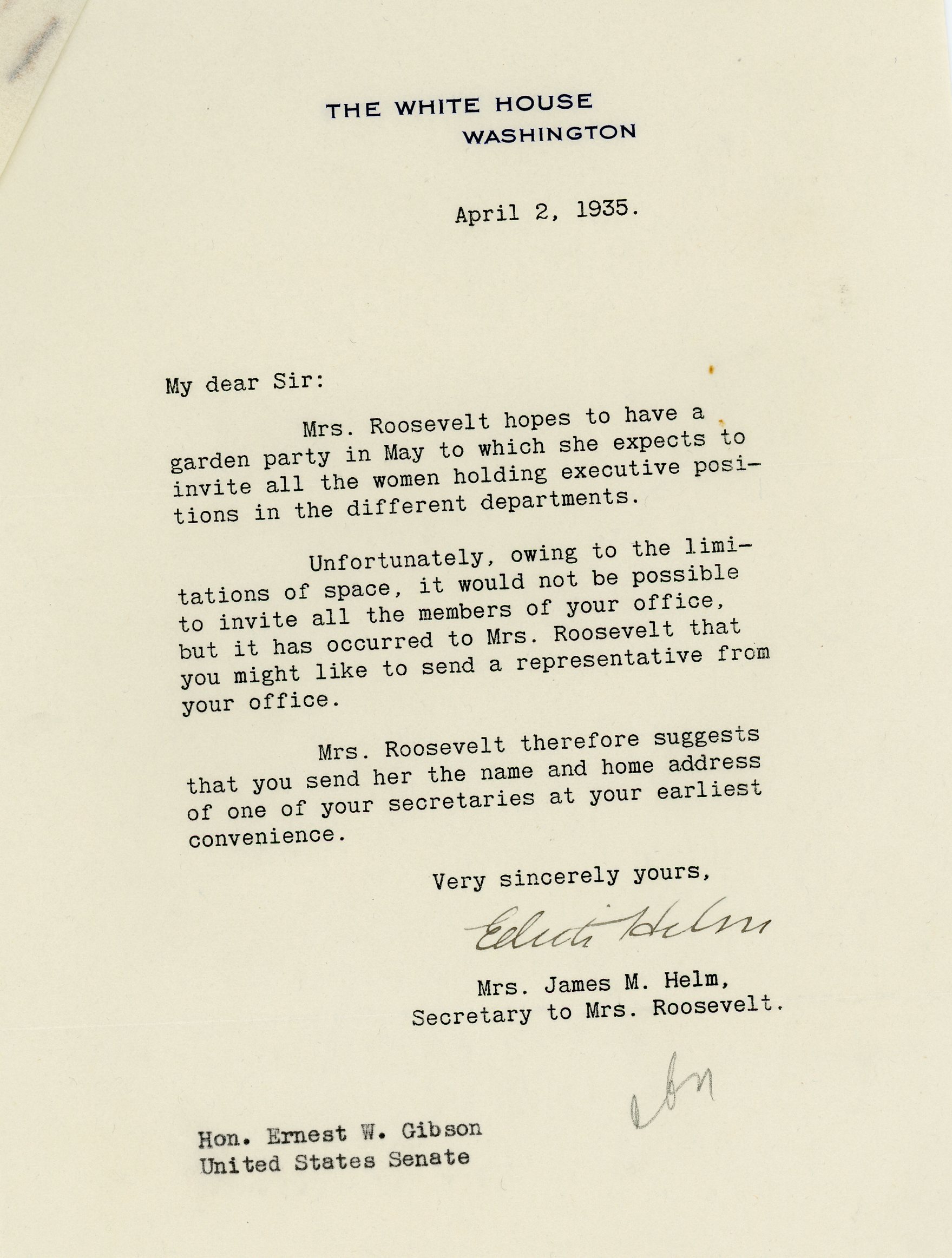 Mrs. James Helm, Secretary of Eleanor Roosevelt, to Senator Ernest Gibson, 1935 April 2