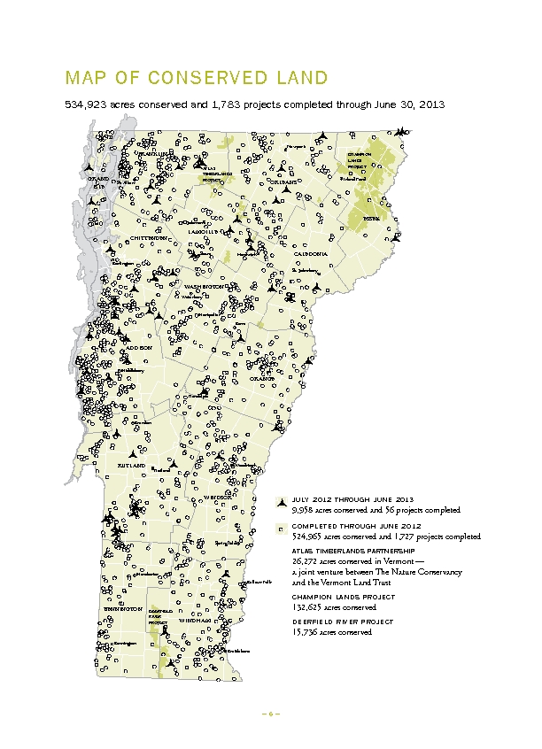 Map of conserved lands and land projects by the Vermont Land Trust