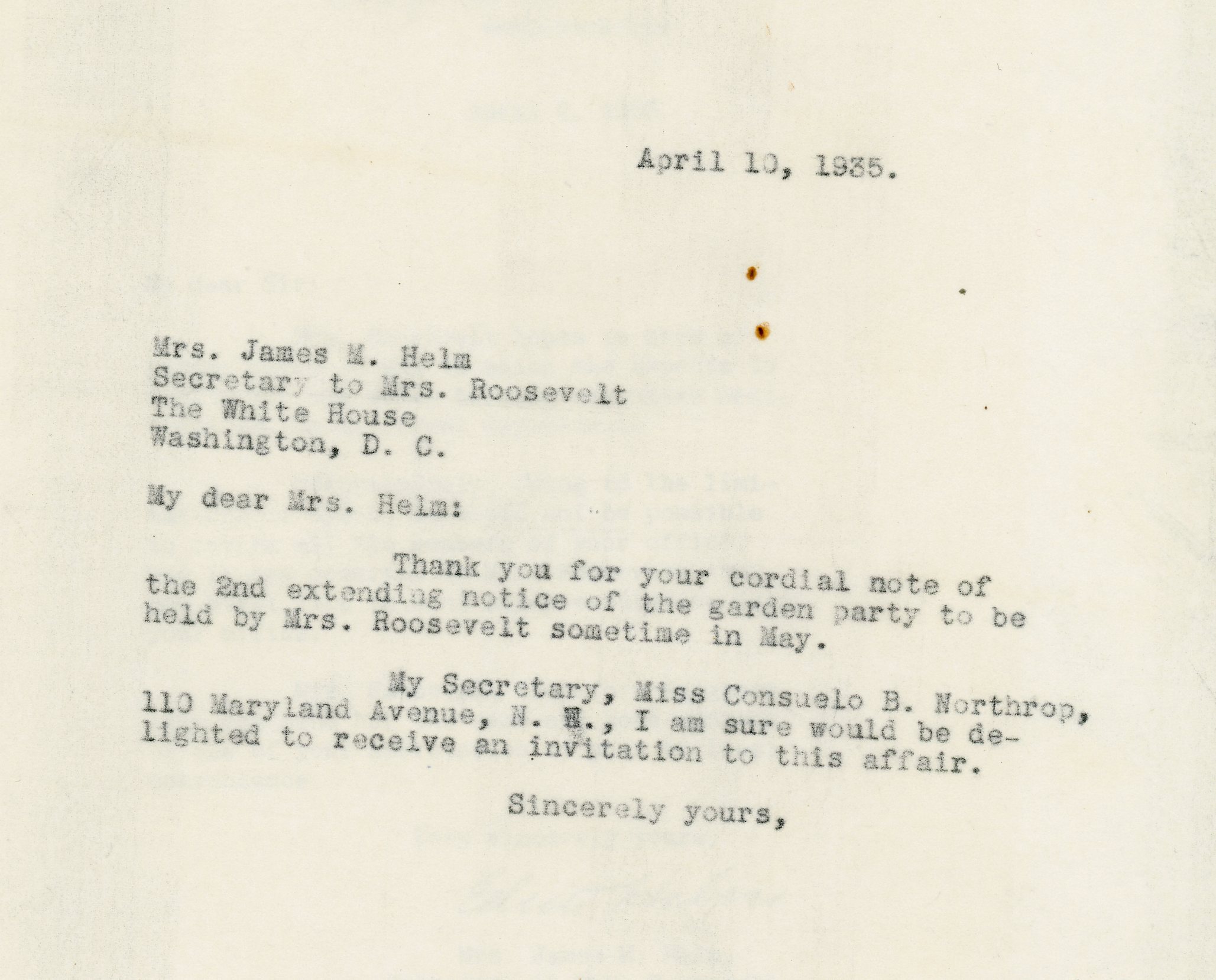 Senator Gibson to Mrs. James Helm, secretary to Eleanor Roosevelt, 1935 April 10