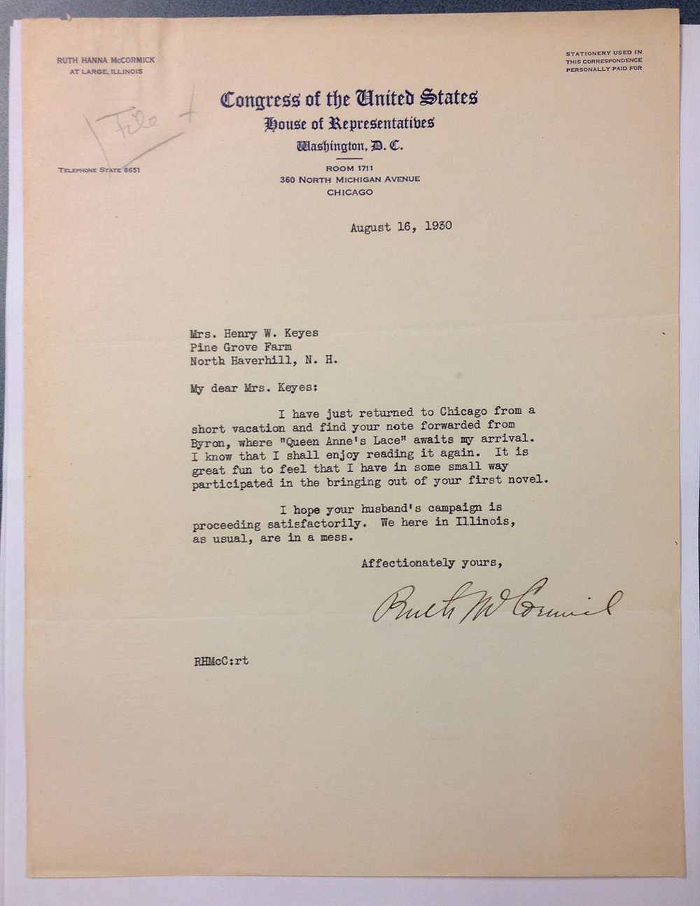 Ruth Hanna McCormick to FPK from August 16, 1930