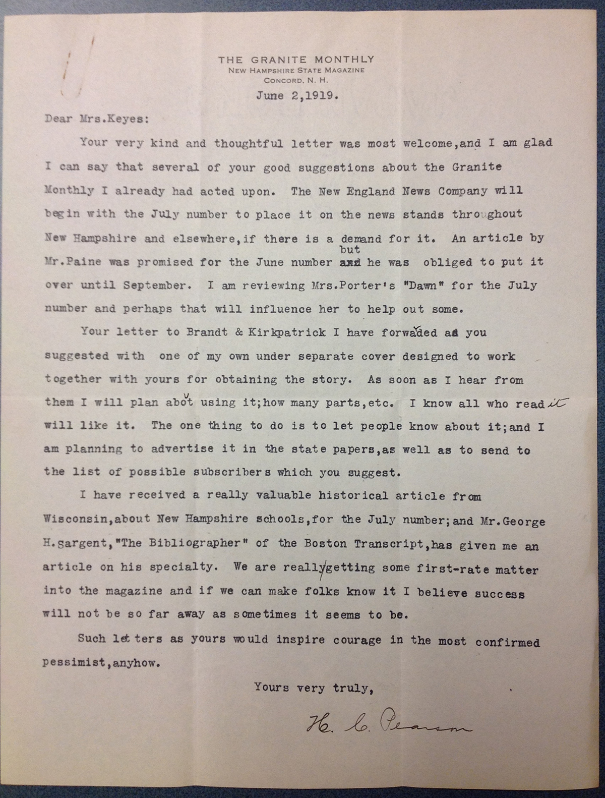 H.C. Pearson to FPK<br />
Letter, 1919 June 02