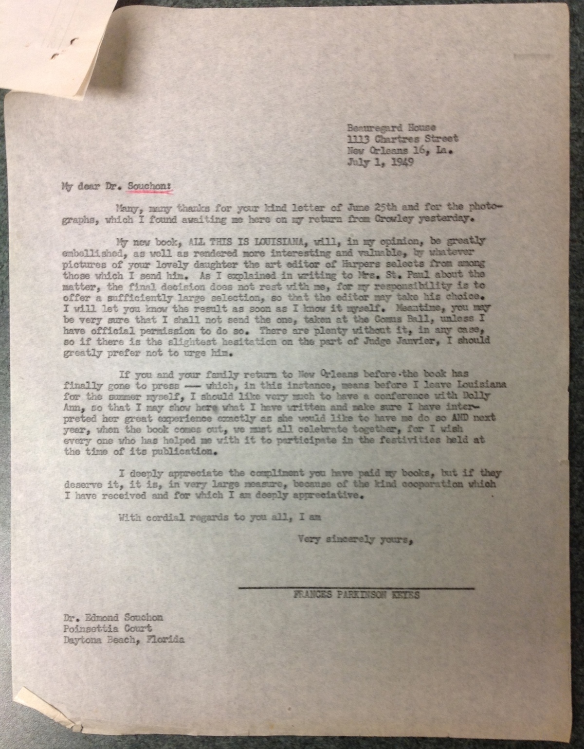 FPK to Dr. Edmond Souchon, July 1, 1949