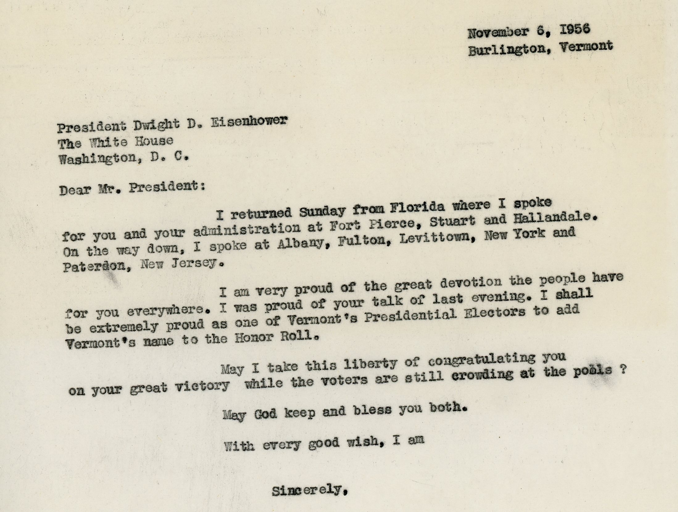 Consuelo Northrop Bailey to President Dwight D. Eisenhower, 1956 November 6