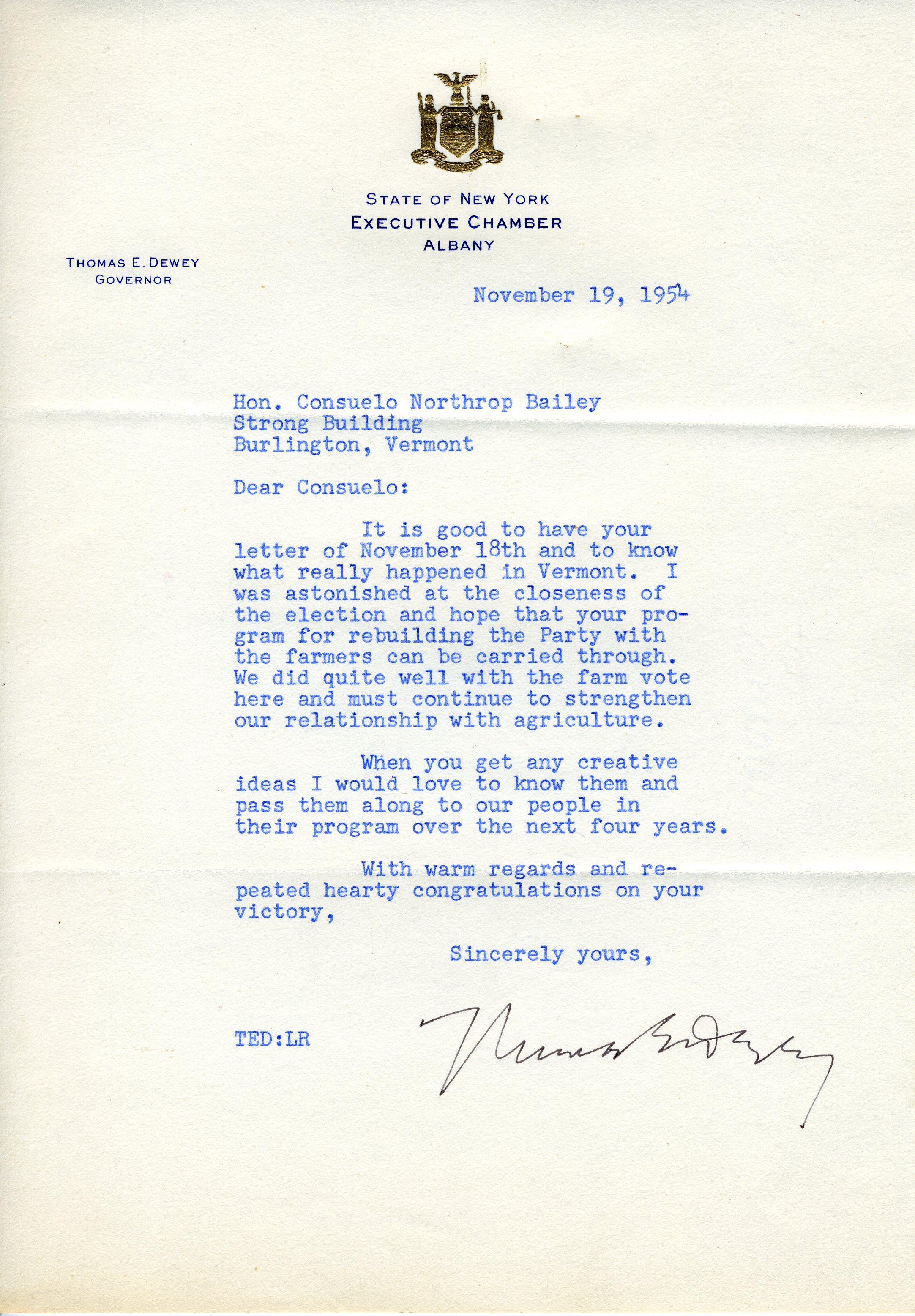 Thomas Dewey to CNB, 1954 November 19