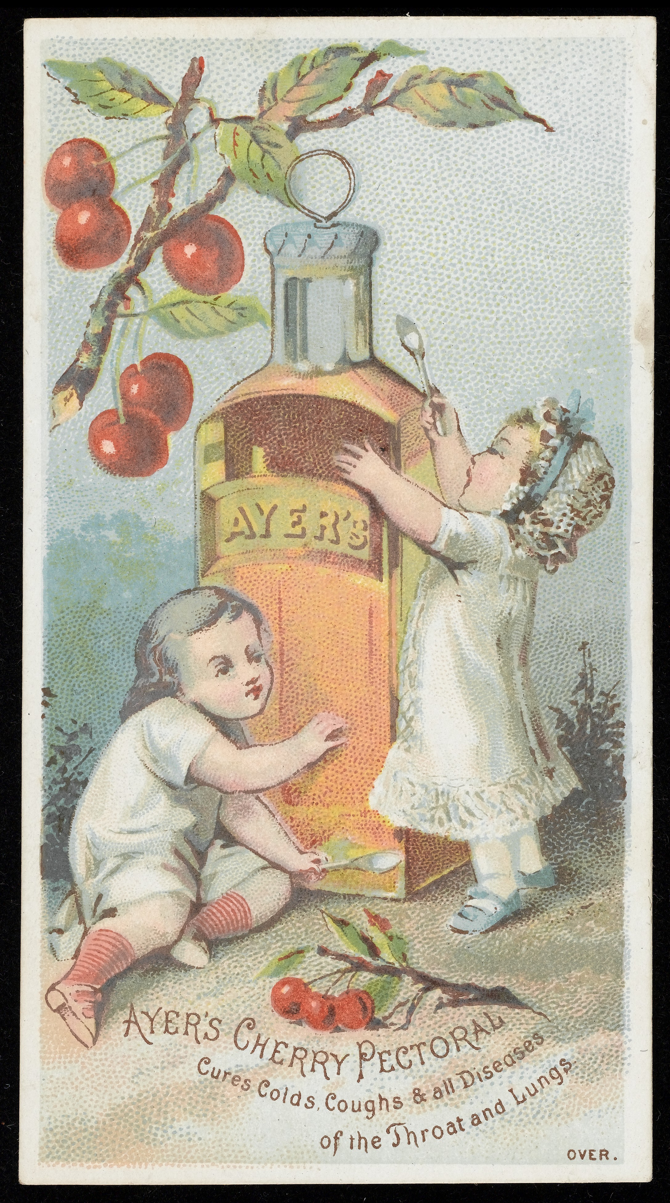 Two babies with giant bottle of Ayers Cherry Pectoral Wellcome