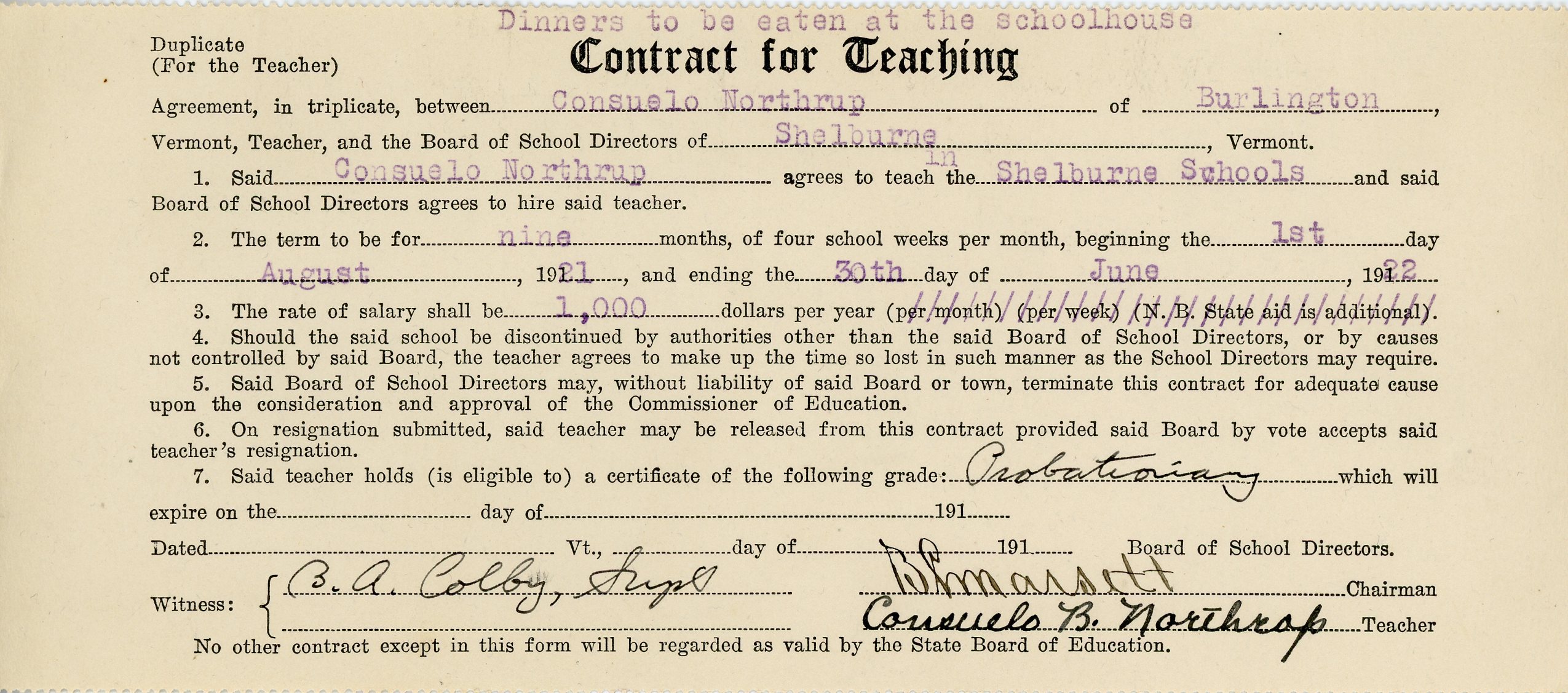 Vermont State Board of Education Contract for Teaching
