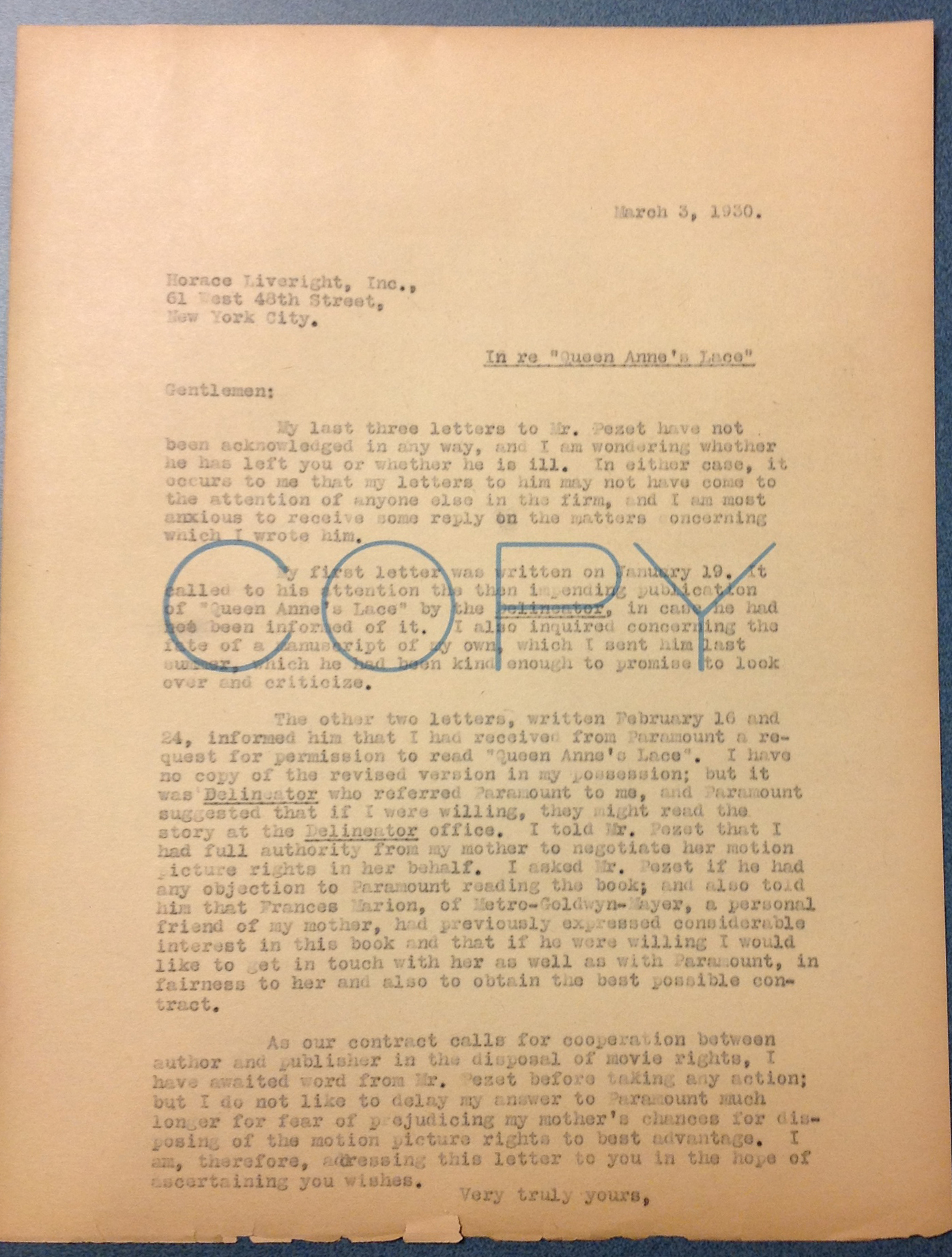 Henry W. Keyes Jr. to Horace Liveright Inc., March 3, 1930