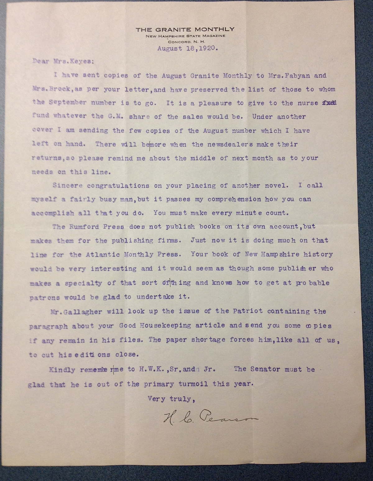 H.C. Pearson to FPK<br />
Letter, 1920 August 18