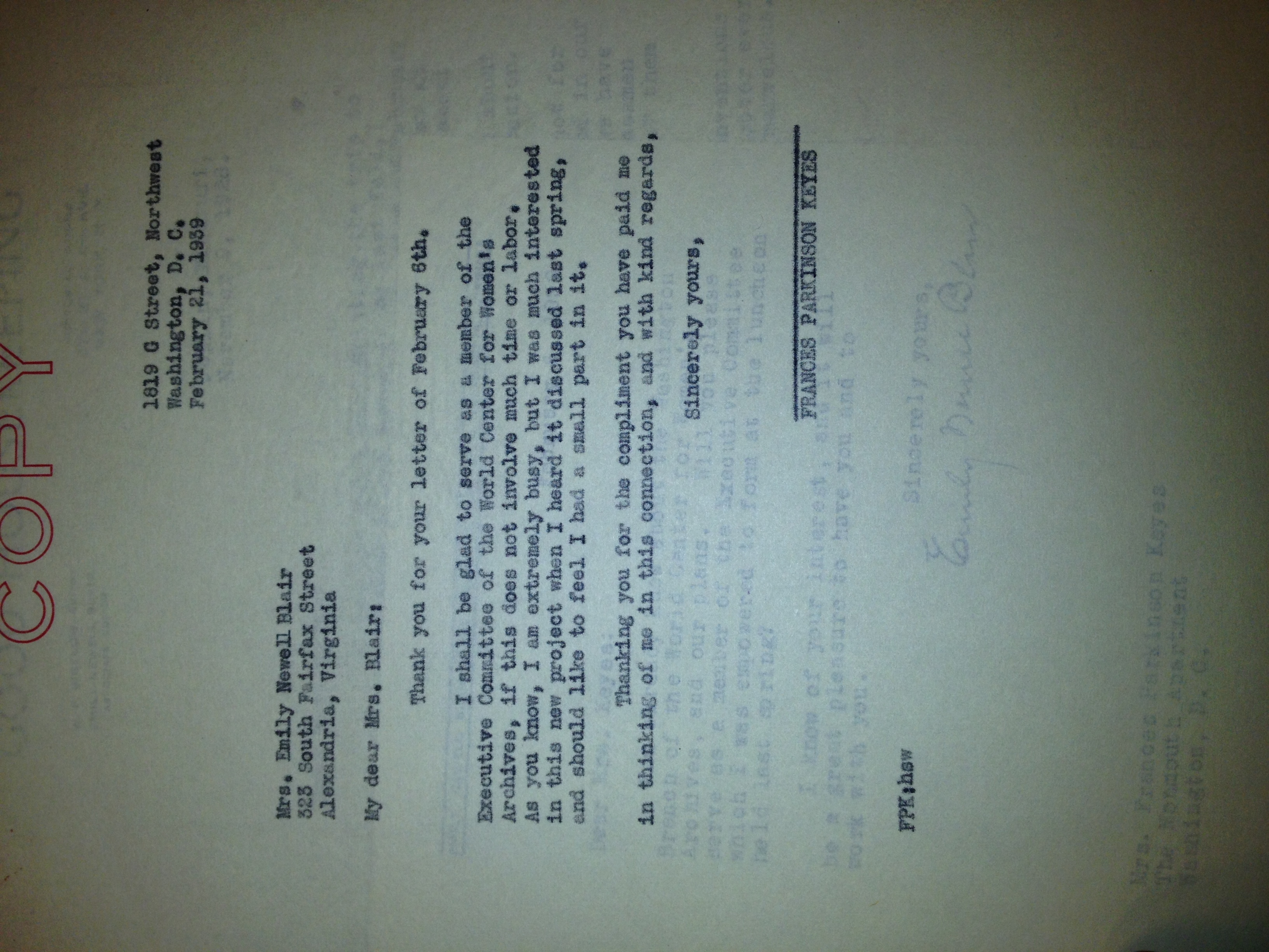 FPK to Mrs. Emily Newell Blari, February 21, 1939