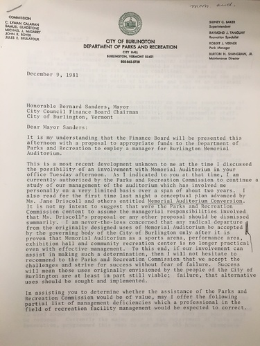 Letter to Bernie Sanders from Memorial Auditorium Superintendent