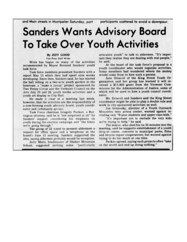 Sanders Wants Advisory Board to Take Over Youth Activities