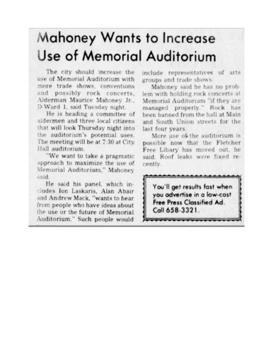 Mahoney Wants to Increase Use of Memorial Auditorium