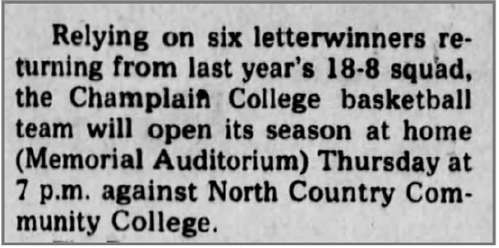 Memorial Auditorium as Home Court for Champlain College Basketball, Nov 12 1980.png